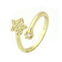 Mässing Cuff finger ring, Star, guldfärg pläterade, Justerbar & micro bana cubic zirconia, 7x7mm, Storlek:7, Säljs av PC