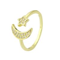 Messing Manchet Finger Ring, Maan en Ster, gold plated, Verstelbare & micro pave zirconia, Maat:7, Verkocht door PC