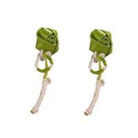 Pendientes, aleación de zinc, con Seedbead & Cristal imitado & paño & Perlas plásticas, 925 Tailandia plata de ley aguja de pendiente, Flor, Joyería & para mujer, verde, 73x22mm, Vendido por Par