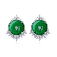 Terningformet Zirkon Micro Pave Messing Øreringe, med Green Calcedony, platin farve forgyldt, Micro Pave cubic zirconia & for kvinde, 21x26mm, Solgt af par