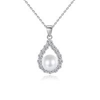 Ciúbach Siorcón Micrimhilseogra réiteodh Necklace Prás, le Pearl Plaisteacha, le 1.96 inch slabhra extender, dath platanam plátáilte, micrea réiteach zirconia ciúbach & do bhean, 12.90x24.20mm, Fad Thart 15.74 Inse, Díolta De réir PC