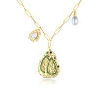 Ciúbach Siorcón Micrimhilseogra réiteodh Necklace Prás, le Pearl Plaisteacha, le 1.96 inch slabhra extender, dath an óir plated, micrea réiteach zirconia ciúbach & do bhean, 17.90x24.50mm, Fad Thart 15.74 Inse, Díolta De réir PC