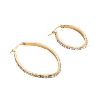 Titanium Stål Hoop Earring, Oval, guldfarve belagt, med rhinestone, gylden, Solgt af par