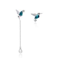 Oreille en cristal CRYSTALLIZED™ Element, Argent sterling 925, avec CRYSTALLIZED™, argent pur puce boucle d'oreille, oiseau, Plaqué de platine, facettes, bleu, 62mmx19mm,18mmx19mm, Vendu par paire