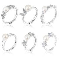 Sterling Silver smycken finger ring, 925 sterling silver, med Freshwater Pearl, platinerade, olika stilar för val & för kvinna, Storlek:6-8, Säljs av PC