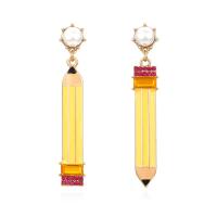 Zinc Alloy Oorbellen, met Plastic Pearl, potlood, gold plated, voor vrouw & glazuur & met strass, 12x72mm, Verkocht door pair