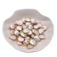 Freshwater Pearl Kontaktdon, med Zink Alloy, Flat Round, guldfärg pläterade, DIY, vit, 13mm, 5PC/Bag, Säljs av Bag