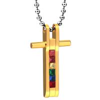 Tíotáiniam Cruach muince, Cruach Tíotáiniam, Cross, plátáilte, dearadh Rainbow & unisex & le rhinestone, dathanna níos mó le haghaidh rogha, 20x35mm, Fad Thart 23.6 Inse, Díolta De réir PC