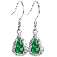 jade Boucle d'oreille goutte, avec Argent sterling 925, argent pur boucle d'oreille crochet, calebasse, Placage de couleur argentée, vert, 8x28x5mm, Vendu par paire