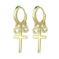 Boucles d'oreilles en laiton zircon cubique pavent, croix, bijoux de mode & pour femme & avec strass, doré, 35x12x21mm, 10PC/lot, Vendu par lot