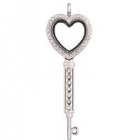 Flottant Locket Pendant, alliage de zinc, avec Aimant & verre & strass, Coeur et clé, Placage, unisexe, plus de couleurs à choisir, protéger l'environnement, sans nickel, plomb et cadmium, 72x25x8mm, Vendu par PC