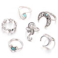 Sinc Alloy Ring Set, le Turquoise Gorm Sintéiseach, dath airgid plated, 6 phíosa & do bhean, 2.6cm,2cm,1.6cm,1.7cm, Díolta De réir Socraigh