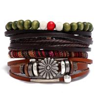 PU leder koord armbanden, met Hennep & Hout & Copper Coated Plastic & Zinc Alloy, plated, 4 stuks & mode sieraden, gemengde kleuren, 17-18CM, Verkocht door Stel