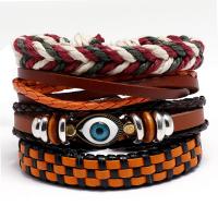 PU Cord Armbånd, med Hamp & Træ & Kobber Coated Plastic & Zinc Alloy, Eye, forgyldt, 4 stykker & mode smykker, blandede farver, 17-18CM, Solgt af sæt