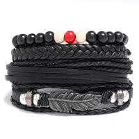 Pulseras de Cordón de PU, Cuero de PU, con Cáñamo & madera & plástico recubierto de cobre & aleación de zinc, 4 piezas & Joyería, Negro, 17-18CM, Vendido por Set