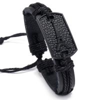 PU Leather Cord Bracelets with Linen & Zinc Alloy gun black plated fashion jewelry & woven pattern black 17-18CM Sold By PC