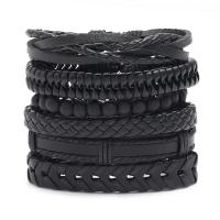 PU Leather Cord Bracelets with Linen & Wax Cord & Wood 6 pieces & fashion jewelry & woven pattern black 17-18CM Sold By Set