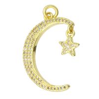 Kuutio Zirkonia Mikro Paven Messinki riipus, Moon ja Star, kullan väri kullattu, Micro Pave kuutiometriä zirkonia, 18x26x2mm, Reikä:N. 2mm, 10PC/erä, Myymät erä