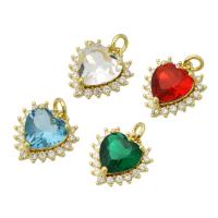 Pendentifs en laiton zircon cubique (CZ), coeur, Placage de couleur d'or, pavé de micro zircon, plus de couleurs à choisir, 15x16x6mm, Trou:Environ 2mm, 10PC/lot, Vendu par lot