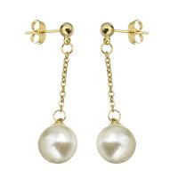 Roestvrij staal hangoorbellen, met Plastic Pearl, gold plated, voor vrouw, 40mm, Verkocht door pair