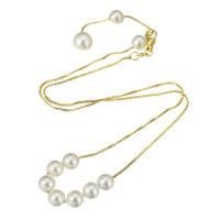 Plast pärlhalsband, Mässing, med Plast Pearl, guldfärg pläterade, micro bana cubic zirconia & för kvinna, 6x6mm, Längd Ca 19 inch, Säljs av PC