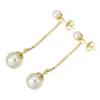 Roestvrij staal hangoorbellen, met Plastic Pearl, gold plated, voor vrouw, 48mm, Verkocht door pair