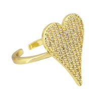 Messing Cuff fingerring, Heart, guldfarve belagt, Micro Pave cubic zirconia, Størrelse:7, Solgt af PC