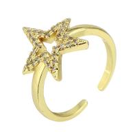 Mässing Cuff finger ring, Star, guldfärg pläterade, Justerbar & micro bana cubic zirconia & ihålig, Storlek:7, Säljs av PC