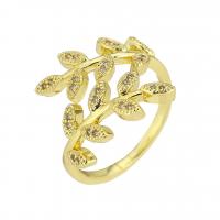 Mässing Öppen finger ring, Leaf, guldfärg pläterade, Justerbar & micro bana cubic zirconia, Storlek:7, Säljs av PC