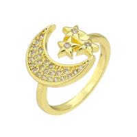 Messing Manchet Finger Ring, Maan en Ster, gold plated, Verstelbare & micro pave zirconia, Maat:7, Verkocht door PC