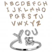 liga de zinco Cuff Ring Finger, Letra do Alfabeto, banhado, ajustável & Vario tipos a sua escolha & para mulher & com strass, níquel, chumbo e cádmio livre, tamanho:8, vendido por PC