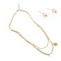 Roestvrij staal sieraden sets, Stud Oorbel & halsketting, met Plastic Pearl, met 1.18inch extender keten, gold plated, voor vrouw, 10*10*20mm,15*12*2mm, Lengte Ca 17.72 inch, Verkocht door Stel