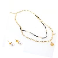 Roestvrij staal sieraden sets, Stud Oorbel & halsketting, met Kristal & Plastic Pearl, met 1.97inch extender keten, gold plated, Dubbele laag & voor vrouw, 20*8*8mm,15*12*2mm, Lengte Ca 17.72 inch, Verkocht door Stel