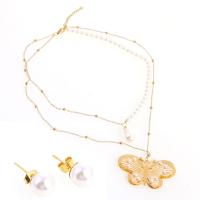 Set di gioielli in acciaio inox, Orecchino a bottone & Collana, with perla in plastica, with 1.97inch extender chain, Farfalla, placcato color oro, Doppio strato & per la donna, 20*8*8mm,32*55*3mm, Lunghezza Appross. 17.72 pollice, Venduto da set