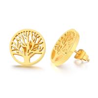 Stainless Steel Stud Øreringe, Tree of Life, guldfarve belagt, for kvinde & hule, 16mm, Solgt af par