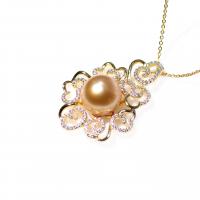 Pérola de água salgada colar, with 925 de prata esterlina, Flor, micro pavimento em zircônia cúbica & para mulher, dourado, 11-12mm, comprimento Aprox 15.75 inchaltura, vendido por PC