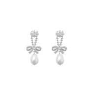 Sinc Alloy Earrings, le Pearl Plaisteacha, dath platanam plátáilte, micrea réiteach zirconia ciúbach & do bhean, 25x48mm, Díolta De réir Péire