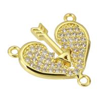 Messing connector met micro-paved kubieke zirconia's, Hart, gold plated, mode sieraden & DIY & micro pave zirconia & voor vrouw & 2/1 lus, gouden, 21x20x3mm, Gat:Ca 1mm, 10pC's/Lot, Verkocht door Lot