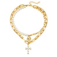 Mode Multi laag ketting, Zinc Alloy, met Plastic Pearl, met 1.97inch extender keten, gold plated, Dubbele laag & mode sieraden & voor vrouw, nikkel, lood en cadmium vrij, Lengte Ca 15.75 inch, Verkocht door PC