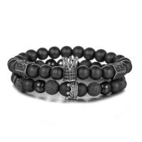 Gemstone Armbånd, Lava, med Sort Agate, Crown, Unisex & forskellige stilarter for valg & Micro Pave cubic zirconia, 8mm, 14mm, Længde Ca. 7.3-7.6 inch, Solgt af PC