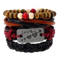 Cowhide Bracelet with Linen & Wood & Zinc Alloy handmade 4 pieces & Unisex Length Approx 17-18 cm Sold By Set