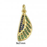 Terningformet Zirkon Micro Pave Messing vedhæng, Leaf, guldfarve belagt, Micro Pave cubic zirconia, 9x21x2mm, Hole:Ca. 2mm, Solgt af PC