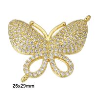 Cubic Zirconia Micro Pave Latão Connector, cobre, Borboleta, cromado de cor dourada, micro pavimento em zircônia cúbica, 26x29x3mm, Buraco:Aprox 1mm, vendido por PC