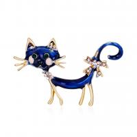 Zinc Alloy Brocher, Cat, guldfarve belagt, emalje & med rhinestone, blå, nikkel, bly & cadmium fri, 43x28mm, Solgt af PC