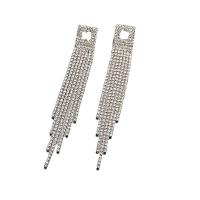 Fashion Fringe Boucles d'oreilles, laiton, glandpompon, pour femme & avec strass, argent, protéger l'environnement, sans nickel, plomb et cadmium, 115x15mm, Vendu par paire