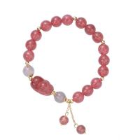 Morango Quartz pulseira, with Selenita & grânulo de liga de zinco, cromado de cor dourada, para mulher, rosa, comprimento Aprox 5.51 inchaltura, vendido por PC