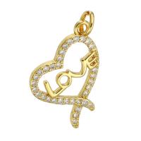 Terningformet Zirkon Micro Pave Messing vedhæng, Heart, guldfarve belagt, Micro Pave cubic zirconia & hule, 18x21x2mm, Hole:Ca. 2mm, Solgt af PC