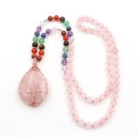 quartz rose collier de chandail, avec Pierre naturelle & fer, larme, Plaqué de couleur d'or rose, pour femme, couleurs mélangées, 32x50mm, Longueur Environ 27.56 pouce, Vendu par PC