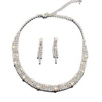 Strass-Schmuck-Sets, Ohrring & Halskette, Messing, mit Kunststoff Perlen, mit Verlängerungskettchen von 3.9inch, silberfarben plattiert, 2 Stück & für Frau & mit Strass, frei von Nickel, Blei & Kadmium, 43x7mm, Länge ca. 13.7 ZollInch, verkauft von setzen