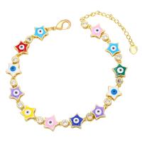 Bracelet Evil Eye bijoux, laiton, avec 1.97 chaînes de rallonge, étoile, Placage de couleur d'or, pavé de micro zircon & émail, plus de couleurs à choisir, protéger l'environnement, sans nickel, plomb et cadmium, 10x9mm, Longueur 7.20 pouce, Vendu par PC